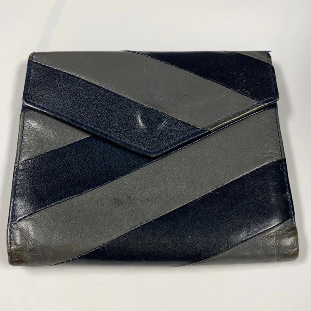 Lodis Black Gray Leather Tri Fold Snap Wallet